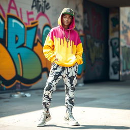 A stylish, urban streetwear model showcasing a unique 'drip' aesthetic, dressed in a vibrant oversized hoodie and trendy joggers with striking patterns