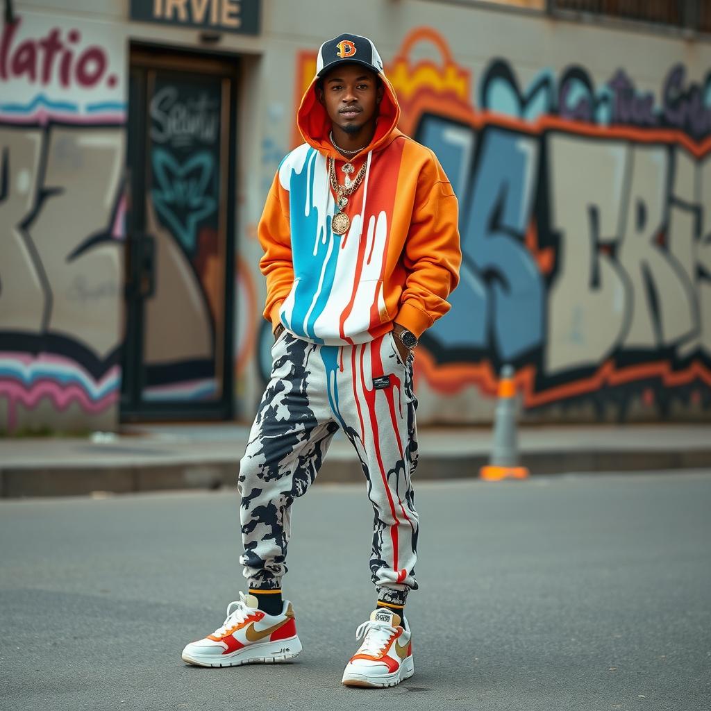 A stylish, urban streetwear model showcasing a unique 'drip' aesthetic, dressed in a vibrant oversized hoodie and trendy joggers with striking patterns