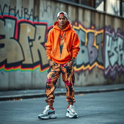A stylish, urban streetwear model showcasing a unique 'drip' aesthetic, dressed in a vibrant oversized hoodie and trendy joggers with striking patterns