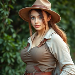A beautiful 20-year-old woman dressed as an adventurous explorer, featuring large breasts, attractive facial features, and striking light-colored eyes, showcased in a half-body view