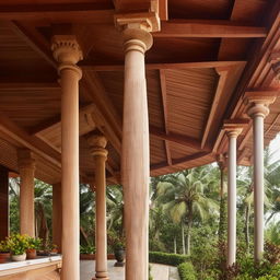 Generate an image of a traditional Kerala house exterior, characterized by sloping roofs, wooden sand-toned pillars, lush tropical landscaping, and intricate craftsmanship.