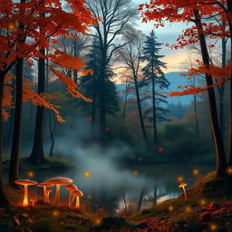 A mystical forest scene at twilight with glowing mushrooms and fireflies surrounding a serene pond