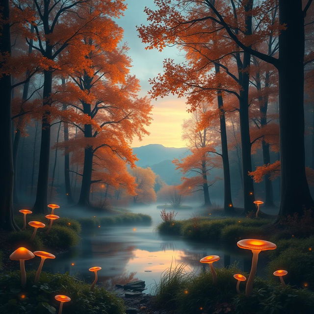 A mystical forest scene at twilight with glowing mushrooms and fireflies surrounding a serene pond