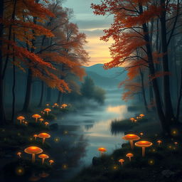 A mystical forest scene at twilight with glowing mushrooms and fireflies surrounding a serene pond
