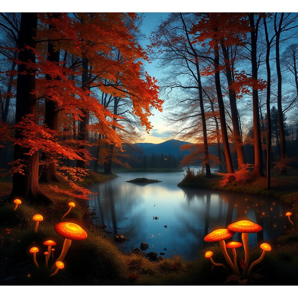 A mystical forest scene at twilight with glowing mushrooms and fireflies surrounding a serene pond