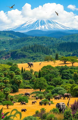 An expansive landscape showcasing various types of natural vegetation and wildlife from different geographical regions