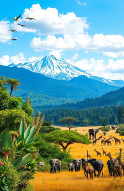 An expansive landscape showcasing various types of natural vegetation and wildlife from different geographical regions
