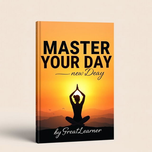 A captivating book cover for 'Master Your Day' by Great Learner, featuring a serene sunrise over a peaceful landscape symbolizing new beginnings