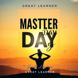 A captivating book cover for 'Master Your Day' by Great Learner, featuring a serene sunrise over a peaceful landscape symbolizing new beginnings