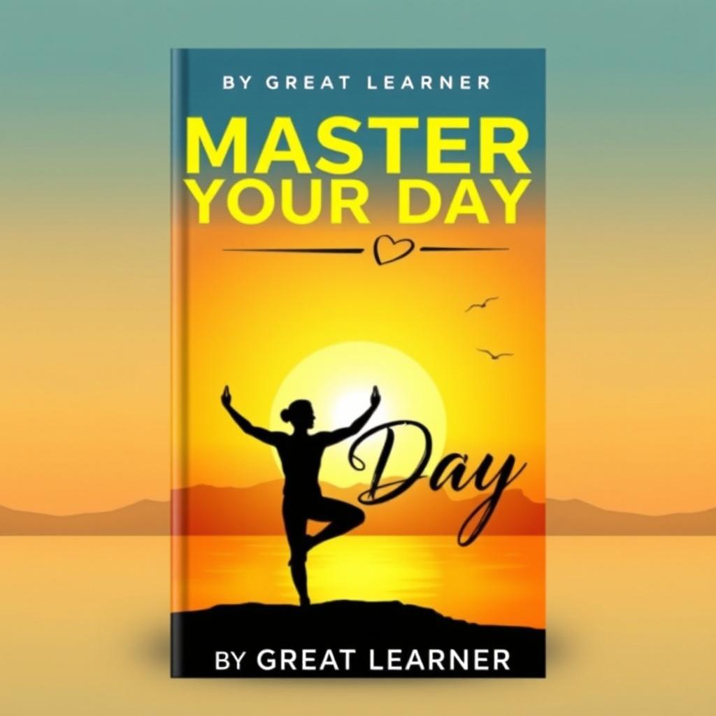 A captivating book cover for 'Master Your Day' by Great Learner, featuring a serene sunrise over a peaceful landscape symbolizing new beginnings