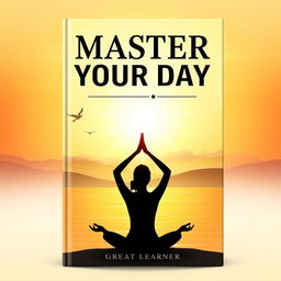 A captivating book cover for 'Master Your Day' by Great Learner, featuring a serene sunrise over a peaceful landscape symbolizing new beginnings