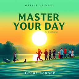 An inspiring book cover for 'Master Your Day' by Great Learner, showcasing a vibrant morning scene with a bright sun rising over a tranquil lake surrounded by lush greenery