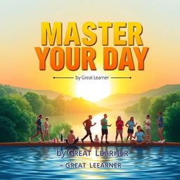 An inspiring book cover for 'Master Your Day' by Great Learner, showcasing a vibrant morning scene with a bright sun rising over a tranquil lake surrounded by lush greenery