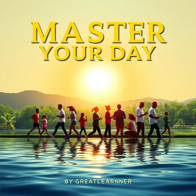 An inspiring book cover for 'Master Your Day' by Great Learner, showcasing a vibrant morning scene with a bright sun rising over a tranquil lake surrounded by lush greenery