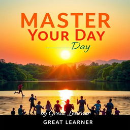 An inspiring book cover for 'Master Your Day' by Great Learner, showcasing a vibrant morning scene with a bright sun rising over a tranquil lake surrounded by lush greenery