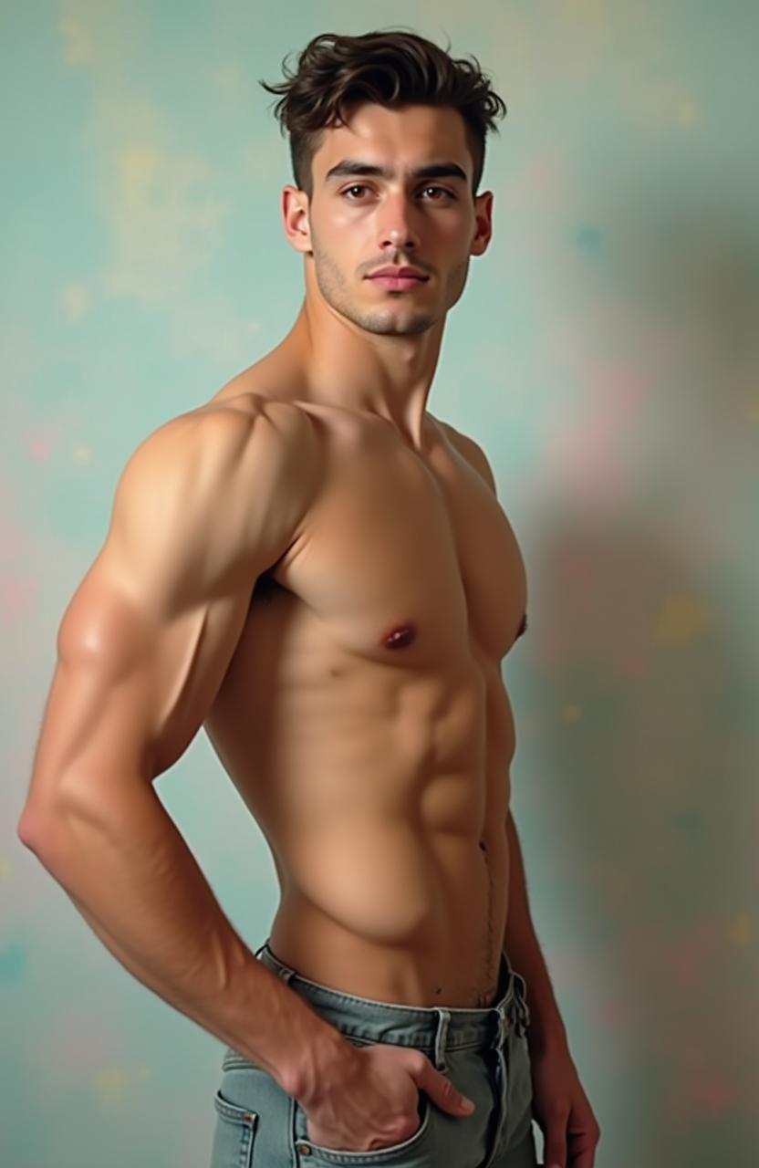 A confident young male model poses in an artistic and tasteful manner, embodying male beauty and strength