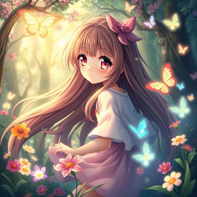 A beautiful anime girl with long flowing hair in a whimsical forest, surrounded by colorful flowers and glowing butterflies, portraying a sense of freedom and nature