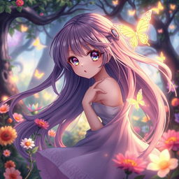 A beautiful anime girl with long flowing hair in a whimsical forest, surrounded by colorful flowers and glowing butterflies, portraying a sense of freedom and nature