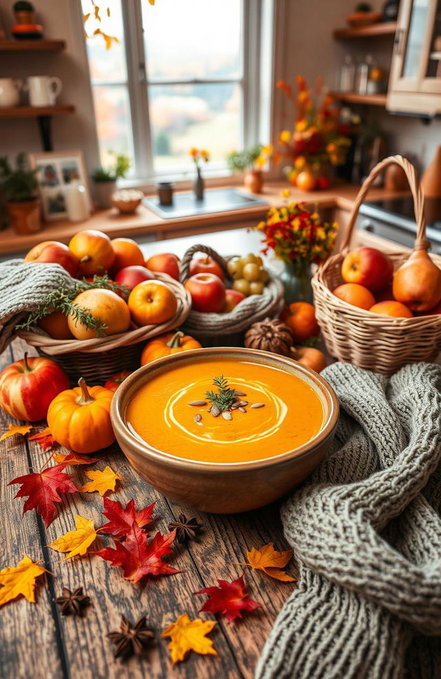 A beautiful autumn recipe scene featuring a rustic wooden table adorned with a colorful display of seasonal ingredients