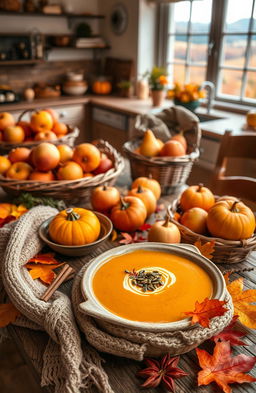 A beautiful autumn recipe scene featuring a rustic wooden table adorned with a colorful display of seasonal ingredients