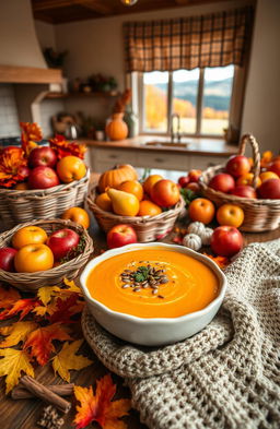 A beautiful autumn recipe scene featuring a rustic wooden table adorned with a colorful display of seasonal ingredients