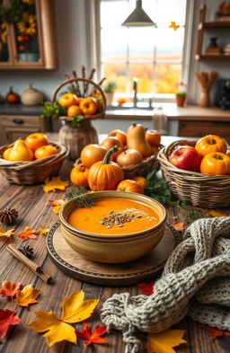 A beautiful autumn recipe scene featuring a rustic wooden table adorned with a colorful display of seasonal ingredients