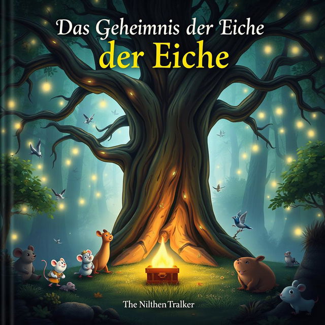 An enchanting book cover for "Das Geheimnis der Eiche" featuring a large, ancient oak tree at the center