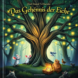 An enchanting book cover for "Das Geheimnis der Eiche" featuring a large, ancient oak tree at the center