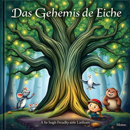 An enchanting book cover for "Das Geheimnis der Eiche" featuring a large, ancient oak tree at the center