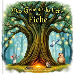 An enchanting book cover for "Das Geheimnis der Eiche" featuring a large, ancient oak tree at the center