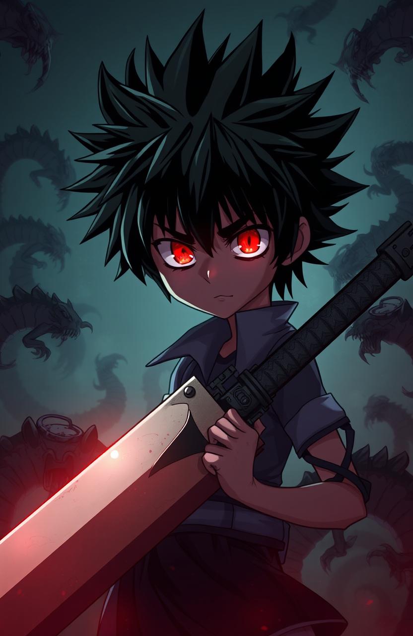 An animated high boy with spiky hair that conceals his face, featuring striking red eyes