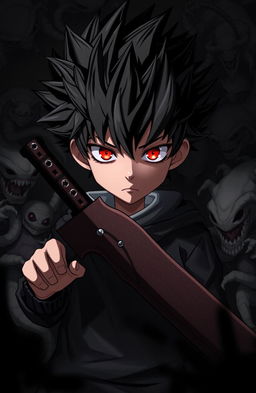 An animated high boy with spiky hair that conceals his face, featuring striking red eyes