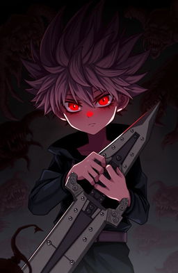 An animated high boy with spiky hair that conceals his face, featuring striking red eyes
