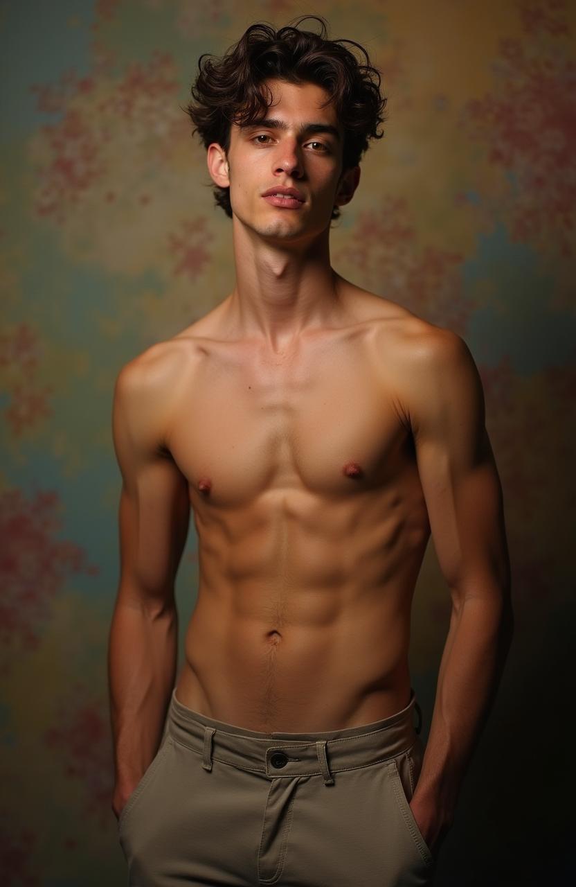 A confident fit young male model poses without clothing in a thoughtfully crafted artistic setting