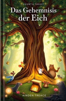 A magical book cover for "Das Geheimnis der Eiche" featuring a large, ancient oak tree at the center, surrounded by four unique characters: Max, a small but brave mouse representing adventurous spirit; Lila, an intelligent and curious mouse; Pico, a playful and energetic pigeon; and Momo, a loyal and supportive mole