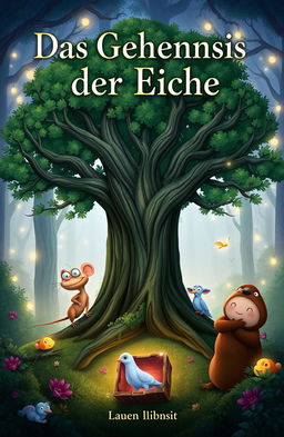 A magical book cover for "Das Geheimnis der Eiche" featuring a large, ancient oak tree at the center, surrounded by four unique characters: Max, a small but brave mouse representing adventurous spirit; Lila, an intelligent and curious mouse; Pico, a playful and energetic pigeon; and Momo, a loyal and supportive mole