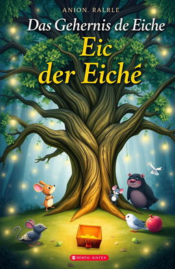 A magical book cover for "Das Geheimnis der Eiche" featuring a large, ancient oak tree at the center, surrounded by four unique characters: Max, a small but brave mouse representing adventurous spirit; Lila, an intelligent and curious mouse; Pico, a playful and energetic pigeon; and Momo, a loyal and supportive mole