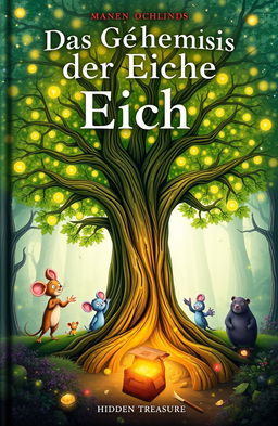 A magical book cover for "Das Geheimnis der Eiche" featuring a large, ancient oak tree at the center, surrounded by four unique characters: Max, a small but brave mouse representing adventurous spirit; Lila, an intelligent and curious mouse; Pico, a playful and energetic pigeon; and Momo, a loyal and supportive mole