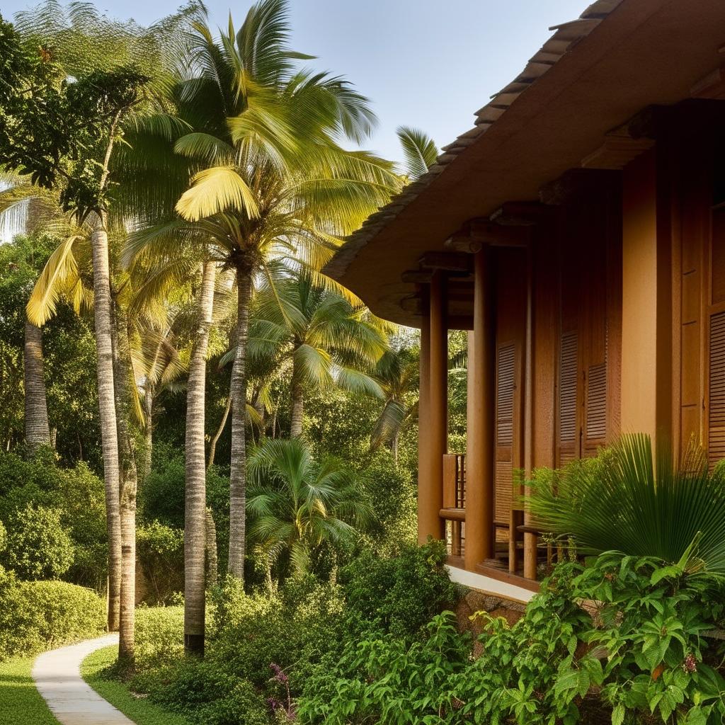 Generate an image of a traditional Kerala house exterior, characterized by sloping roofs, wooden sand-toned pillars, lush tropical landscaping, and intricate craftsmanship.