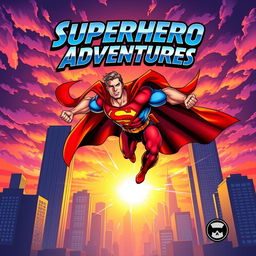 A dynamic comic book cover featuring a heroic superhero in mid-action pose, clad in a bright red and blue costume with a flowing cape, showcasing impressive muscles and a determined expression