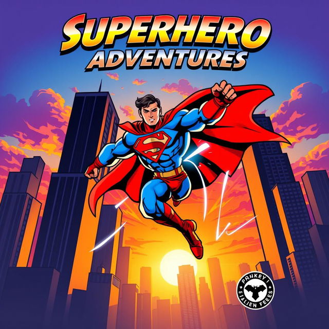 A dynamic comic book cover featuring a heroic superhero in mid-action pose, clad in a bright red and blue costume with a flowing cape, showcasing impressive muscles and a determined expression