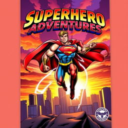 A dynamic comic book cover featuring a heroic superhero in mid-action pose, clad in a bright red and blue costume with a flowing cape, showcasing impressive muscles and a determined expression