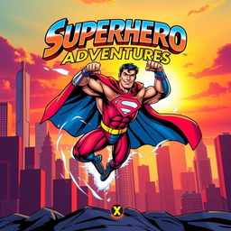 A dynamic comic book cover featuring a heroic superhero in mid-action pose, clad in a bright red and blue costume with a flowing cape, showcasing impressive muscles and a determined expression