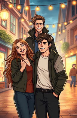 A dramatic scene depicting three friends in a cozy town setting