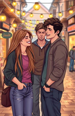 A dramatic scene depicting three friends in a cozy town setting