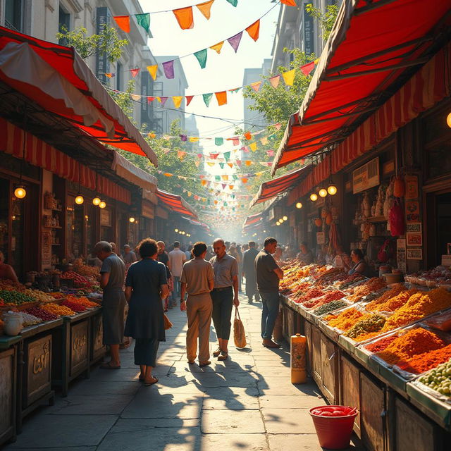 A stunning street scene in a bustling urban area, depicting a lively marketplace filled with vibrant stalls selling exotic fruits, colorful spices, and handmade crafts