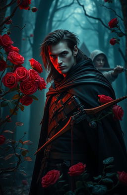 A male witch with immense dark power, standing in a mystical forest