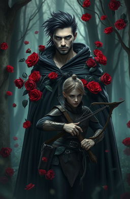 A male witch with immense dark power, standing in a mystical forest