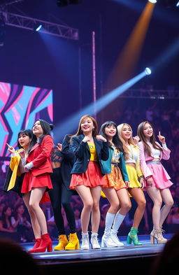 A captivating scene showcasing a vibrant and energetic K-Pop performance by SVT (Seventeen), with the group lined up on stage