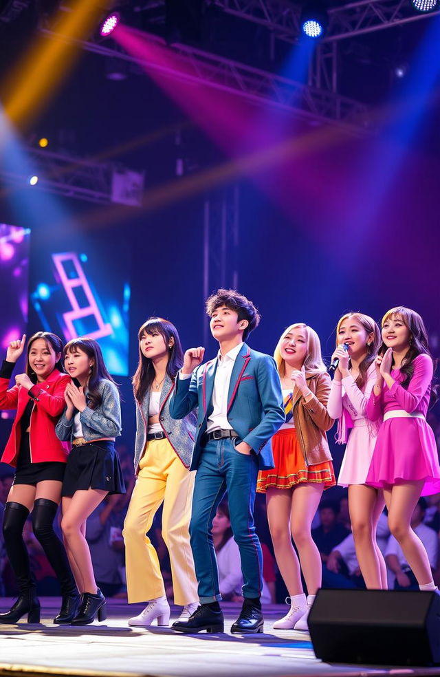 A captivating scene showcasing a vibrant and energetic K-Pop performance by SVT (Seventeen), with the group lined up on stage